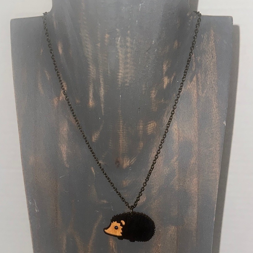 Unpossible Cuts Hedgehog Necklace Laser Cut Wood Animal Pendant Brass Chain